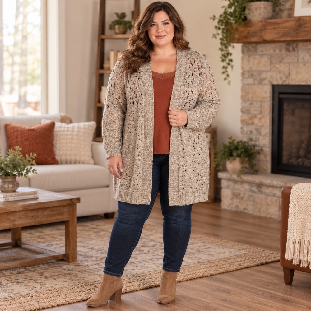 Maurices Womens Size 4 Taupe Beige Pointelle Crochet Open Front Cardigan Sweater